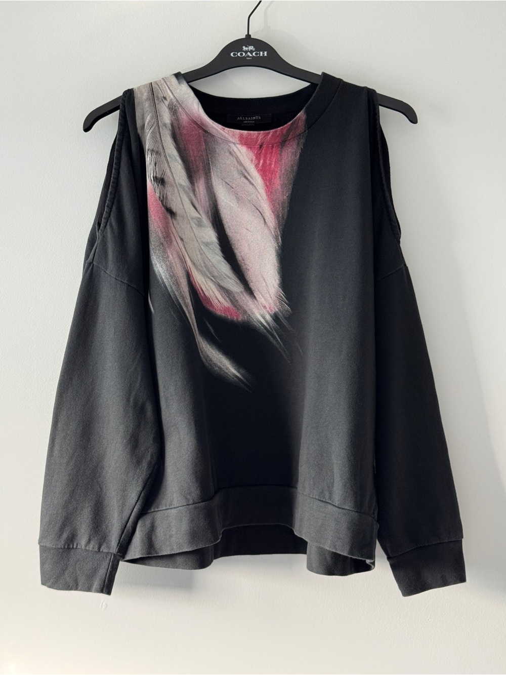 AllSaints Penna Unai Cold Shoulder Sweatshirt
Medium Black Graphic Feather